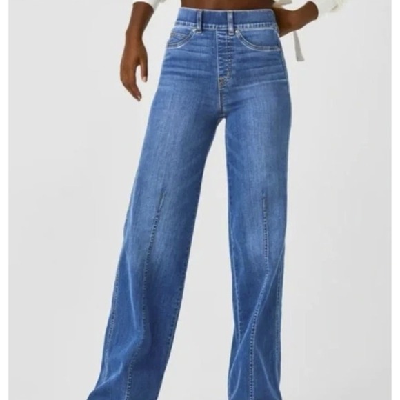 SPANX Denim - SPANX Seamed Front Wide Leg Jeans Size XL Vintage Indigo Pull-on Comfy